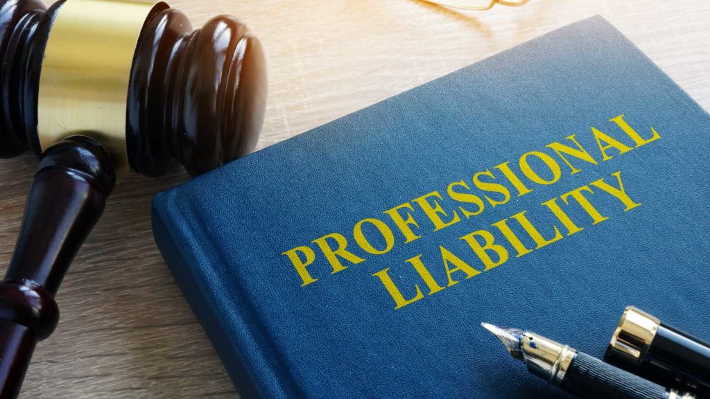 gavel with blue book with the words 'professional liability' on the cover